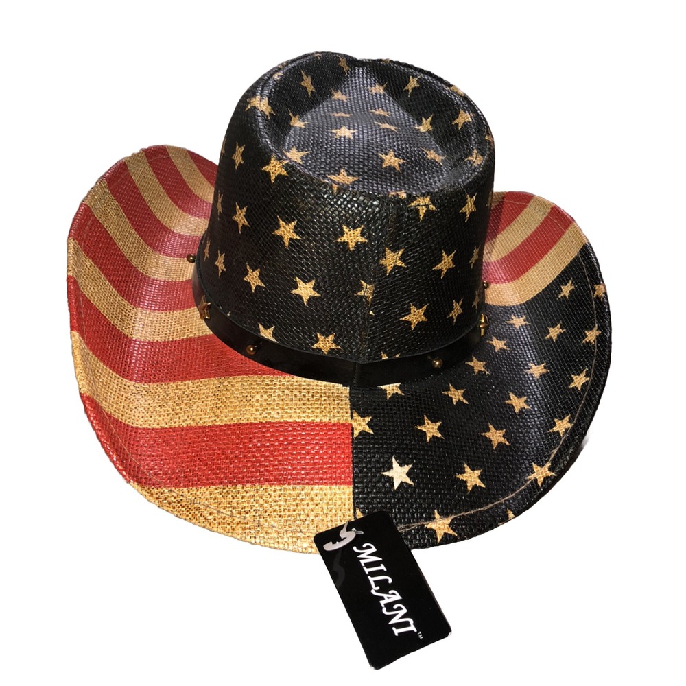Milani Vintage Tea-Stained USA American Flag Shape-It Brim‎ Cowboy Hat Western